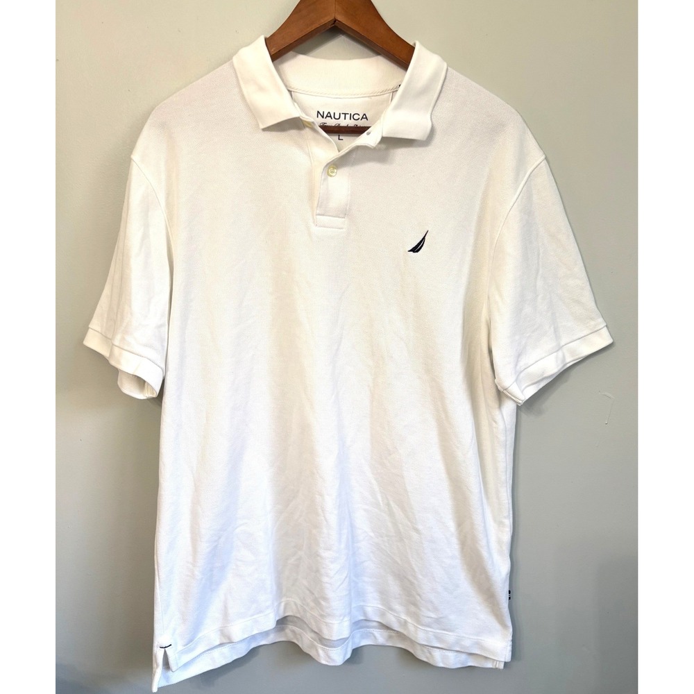 Nautica Mens Size L True Deck Shirt Polo Shirt White Short Sleeve Preppy Casual